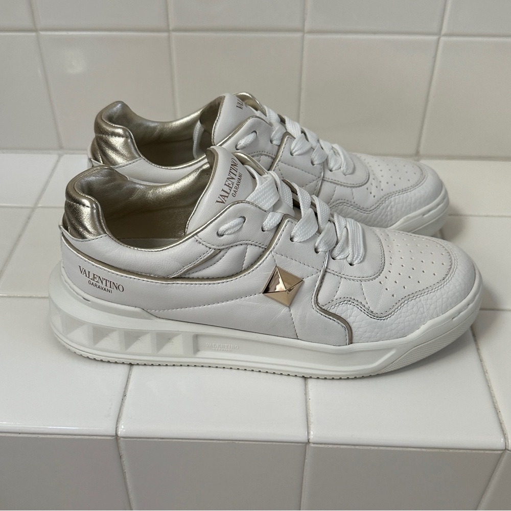 Valentino White Leather Sneakers with Gold Trim.  Authentic - Picture 2 of 14
